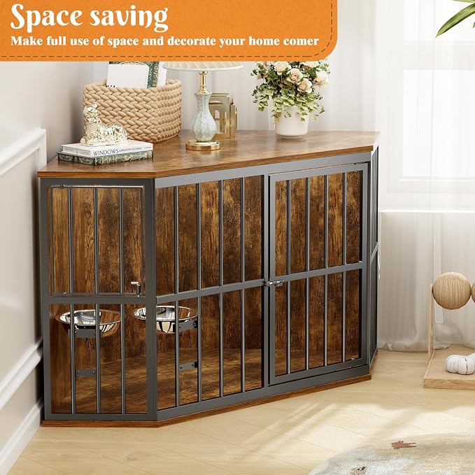 APRILSOUL 42 inch Furniture Dog Crate Corner, Wooden End Table with Bowl, Indoor Pet Crate Side Table for Dogs, Wide Top Perfect for Limited Room