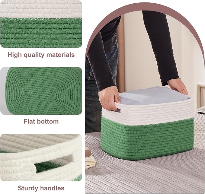 OIAHOMY 4 Pack Storage Basket, 13"x9"x7.8" Cotton Rope Baskets for Shelves, Closet Organizer for Bedroom & Living Room, Soft Decorative Bins for Organizing Towels, Books & Toys, Olive Green & White