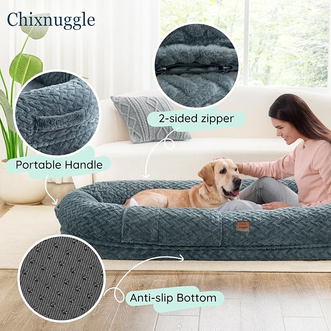 ChiXnuggle Orthopedic Human Dog Bed,with Faux Fur Washable Cover,Blanket | bluish grey,72*40*10,giant dog bed for adult or extra large dogs,egg crate foam,non-slip bottom