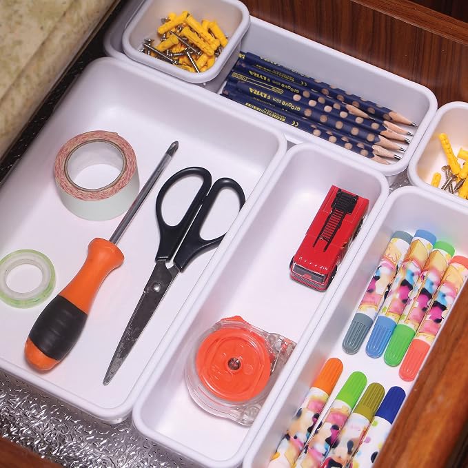 Set of 24 Interlocking Desk Drawer Organizer Tray Dividers Plastic Shallow Narrow Drawers Organizers Separators Storage Bins Container for Kitchen Bathroom Makeup Office Vanity Bedroom Dresser White
