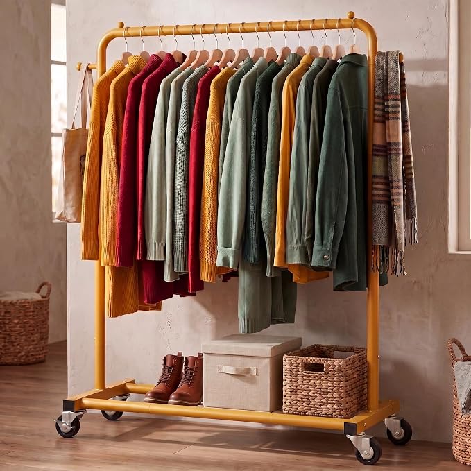 Sywhitta Metal Clothing Rack on Wheels with Bottom Shelf,Gold Yellow | Rolling Garment Rack for Hanging Clothes, Coats, Skirts, 39.76" L x 16" W x 63.78" H,Space-Saving Mobile Organizer for Closet