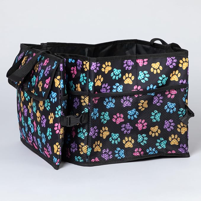 GreaterGood Collapsible Paw Print Car Trunk Organizer with 6 Pockets Truck SUV and Sedan Caddy With Compartment Vehicle Storage Container (Argyle Paws)