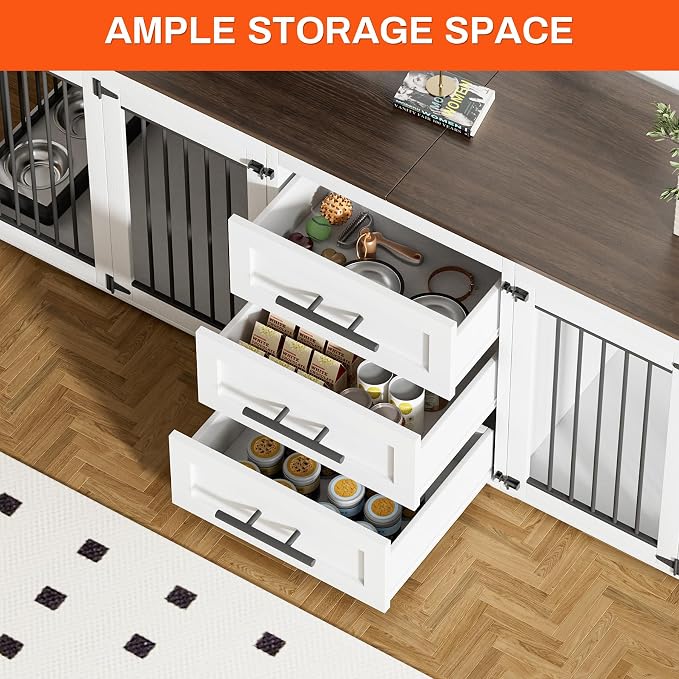 Rophefx 94.5" Dog Crate Furniture for 2 Dogs, Wooden Kennel TV Stand, White | Indoor double dog house with 3 storage drawers, 4 feeding bowls, lockable doors, and a wide top for large and medium dogs
