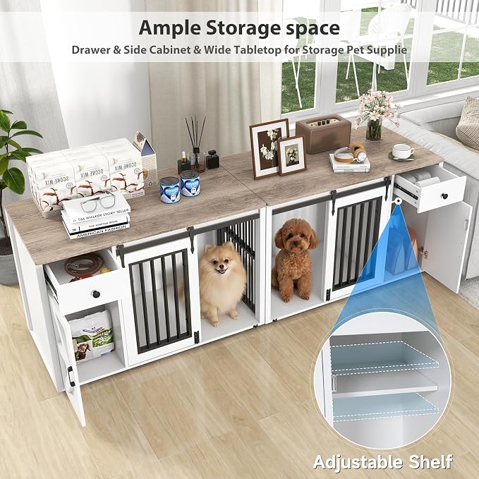 Verano Garden 88" Dog Crate Furniture, Dog Kennel Cage, White (88") | 2-in-1, Lockable, Decorative, Sliding Door, Removable Divider, Adjustable Shelf, Farmhouse, Heavy Duty, Small Medium Dogs