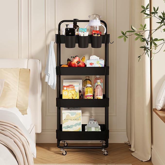 Buzowruil 4-Tier Rolling Utility Cart, Storage Cart with Handle Multi-Purpose and Locking Wheels,with Hanging Basket and Hook for Office, Kitchen, Bathroom,Black