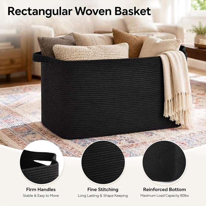OIASKET 108L Extra Large Blanket Basket Living Room, 24.8" x 16.2" x 16.2" | Rectangle Woven Laundry Hamper, Nursery Blanket Storage Living Room, Toy Storage With Handle, Large Baskets for Organizing