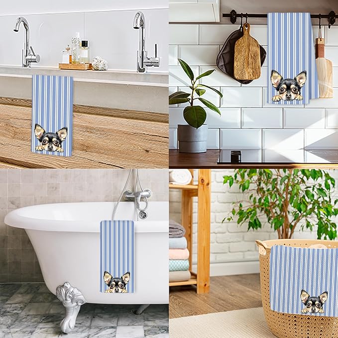 Blue and White Striped Chihuahua Dog Kitchen Towels, Chihuahua Gifts for Women Dish Tea Towels for Kitchen Decor, Dog Lovers Mom Dad Gifts Hand Towel for Bathroom Decor, 16x24 Inch