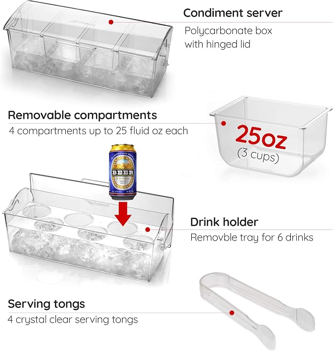 Pikanty Chilled Condiment Server Caddy with Ice Base - 4 Compartments and 4 Serving Tongs Included, Mimosa Bar, Taco Bar, Garnish Tray for Parties, Weddings, BBQs, Dishwasher Safe, Made in USA
