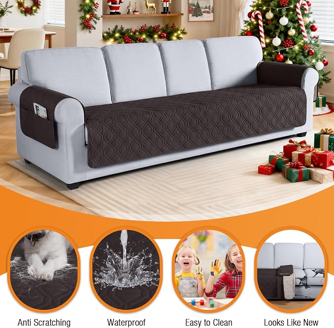 VANSOFY Waterproof Oversized Couch Cover for Pets, Chocolate, 78.7" | Non-Slip, Washable, Utility Pockets, Pet Friendly, Furniture Protector Slipcover for 4 Cushion Couch