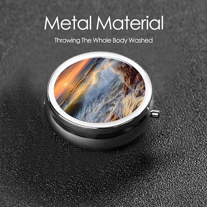 Round Pill Box Rocky Wave Sunset Painting Pill Case for Purse & Pocket 3 Compartment Pill Organizer Portable Travel Pillbox Medicine Pill Holder Container for Daily Vitamin Cod Liver Oil Storage