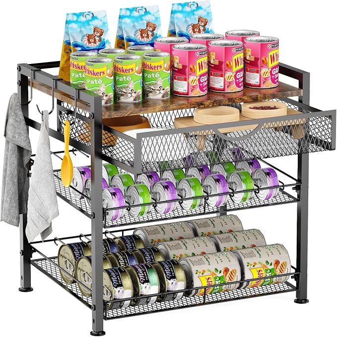 Cat Food Can Organizer, Storing Different Sizes Pet Food Canned Dispenser | 2-Tier Can Storage With Drawers,Automatic Slip Design,Manually Adjust The Gap Size Classify Cat Food Canned The Dispenser