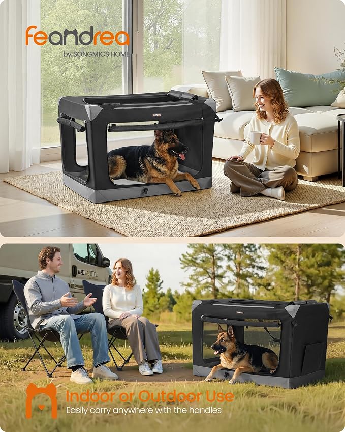 Feandrea Collapsible Dog Crate, Portable Oxford Fabric Pet Travel Crate with 4 Mesh Doors, Handles, Pocket, 42 Inches, for Large Dogs, Ink Black and Dove Gray UPDC031BH01