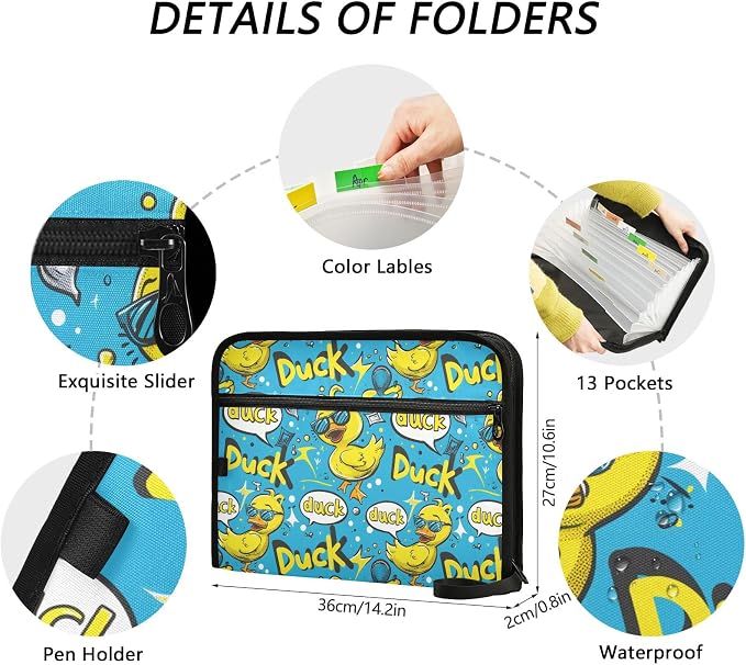 Rubber Duck Bubbles 13 Pocket File Organizer Expanding File Folder with Front Pouch Portable Business File Storage Document Organizer Folder with Zipper