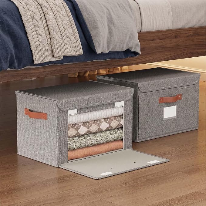 Tuza 4 Pack Storage Bins with Lids, Large Closet Storage Bins with Handles, Stackable Decorative Storage Boxes for Shelves Under Bed, Clothes Blankets Sweater Storage