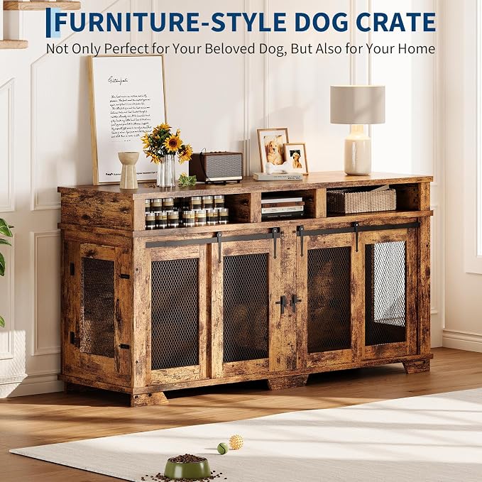 71'' Dog Crate Furniture for 2 Dogs, Extra Large Double Dog Kennel Indoor with Removable Divider and Storage Drawers, Wooden Dog Crate TV Stand for Large Medium Dogs
