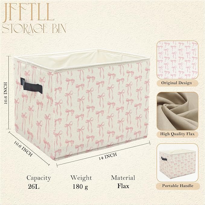 Coquette Pink Bow Storage Bins with Handles, Coquette Room Decor, Preppy Girly Aesthetic Collapsible Laundry Basket Storage Box for Home Bedroom Bathroom Clothes Toys Books