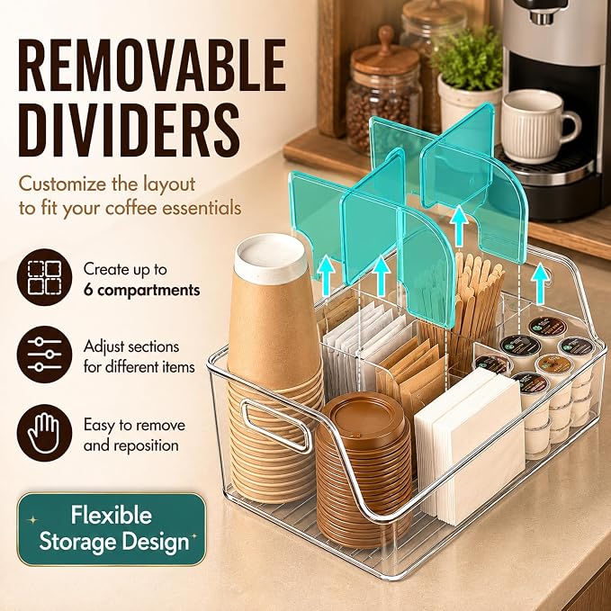 Coffee Station Organizer for Countertop, PET with Removable Dividers | Clear Plastic, Kitchen and Break Room Use, Coffee Caddy, Coffee Bar Accessories, Side Handles, Six Compartments, Easy View