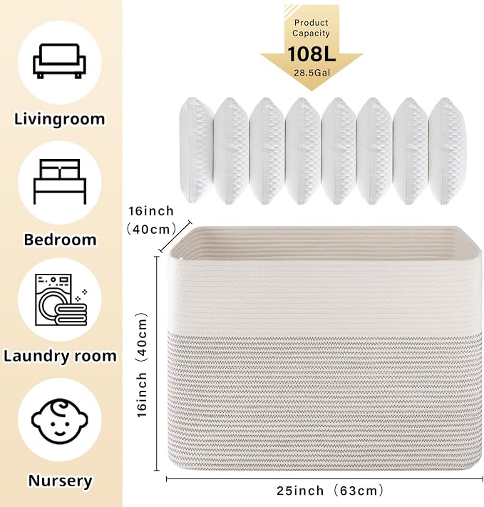 OIAHOMY 108L Extra Large Blanket Basket Dog Toy Basket Black/White | Rectangle Woven Baskets for Storage Cotton Rope Basket For Living Room Toy Storage Blanket Storage Laundry Basket
