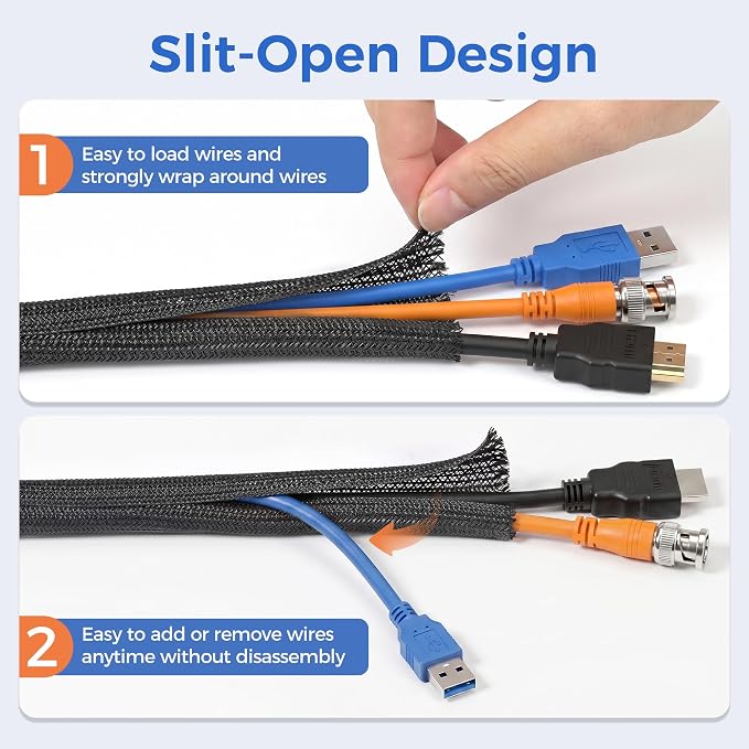 Delamu 30ft - 1/2 inch Cable Sleeve Cord Protector from Pets No Chew, Split-Braided PVC Wire Loom Tubing for Desk Computer USB TV Cord Organizer, Easy Set-up Cable Management Sleeve Kit, Black