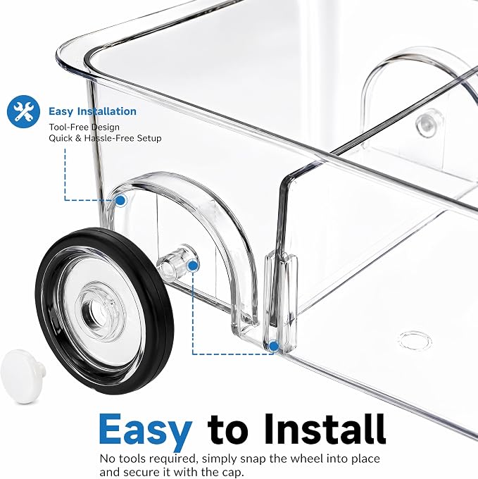 2 Pack Refrigerator Organizer Bin with Wheels, Roll Out Pantry Storage with Dividers, Clear Plastic Refrigerator Drawer, Upgrade Thick Fridge Caddy for Under Sink, Kitchen Organization
