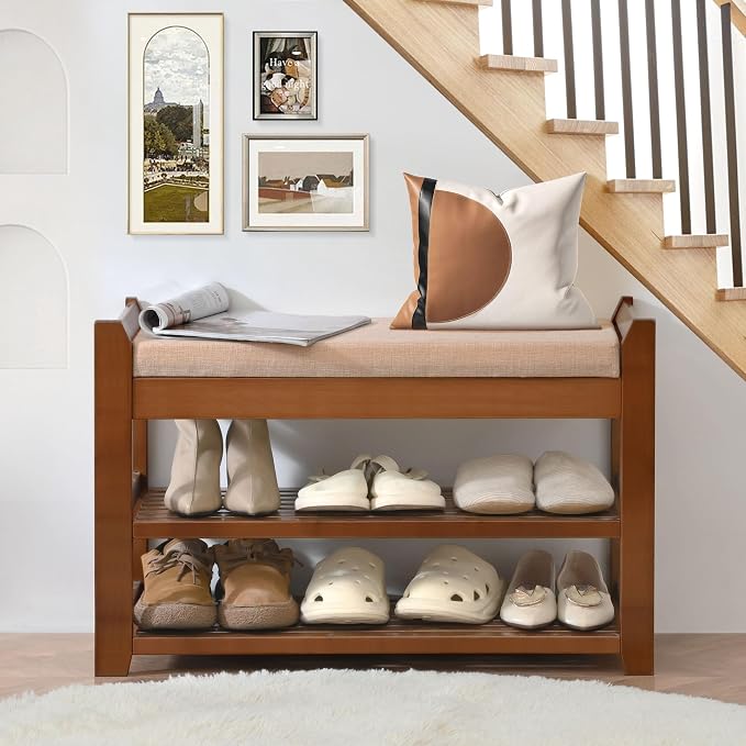 PETKABOO Shoe Rack Bench with Cushion, Shoe Rack for Front Door Entrance, Shoe Bench with Storage for Entryway Hallway Bedroom Living Room