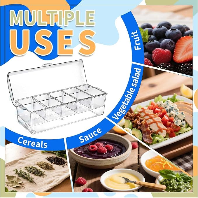 Large Ice Chilled Condiment Caddy，Chilled Condiment Containers Server with Lids for 5 Removable Compartments ，Serving Platters, Fruit & Garnish Tray for Party Supplies & Bar Accessories
