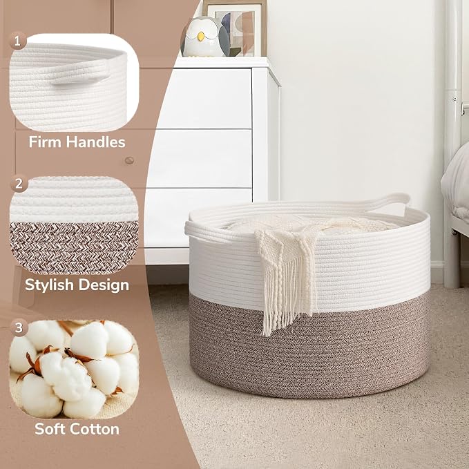 Goodpick 65L Large Woven Rope Basket for Blankets Living Room, 65L | 19.7 x 19.7 x 12.6 In Storage Basket for Toys Shoes, Cute Baby Laundry Hamper for Towels, Clothes, Mele