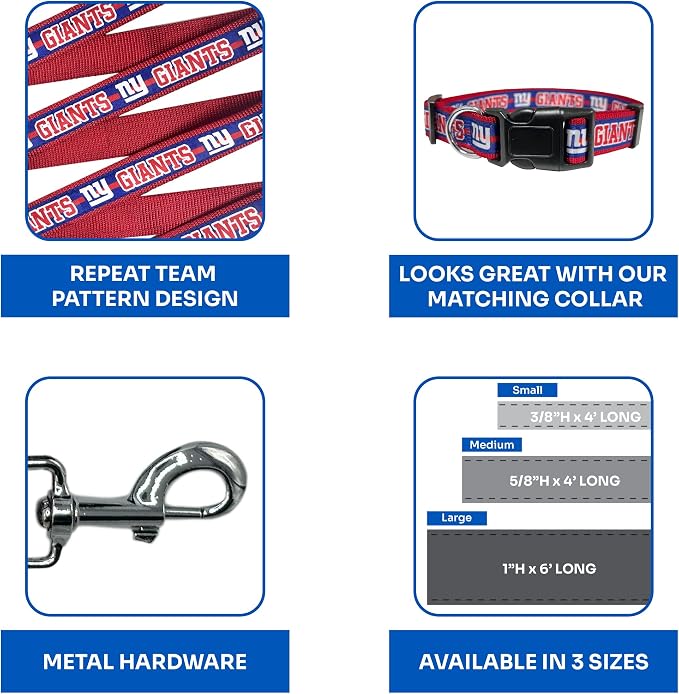 Pets First NFL Licensed New York Giants Pet Leash, Size Small – Durable Satin Dog & Cat Walking Strap and Pet Tether with Embroidered Team Name & Logo