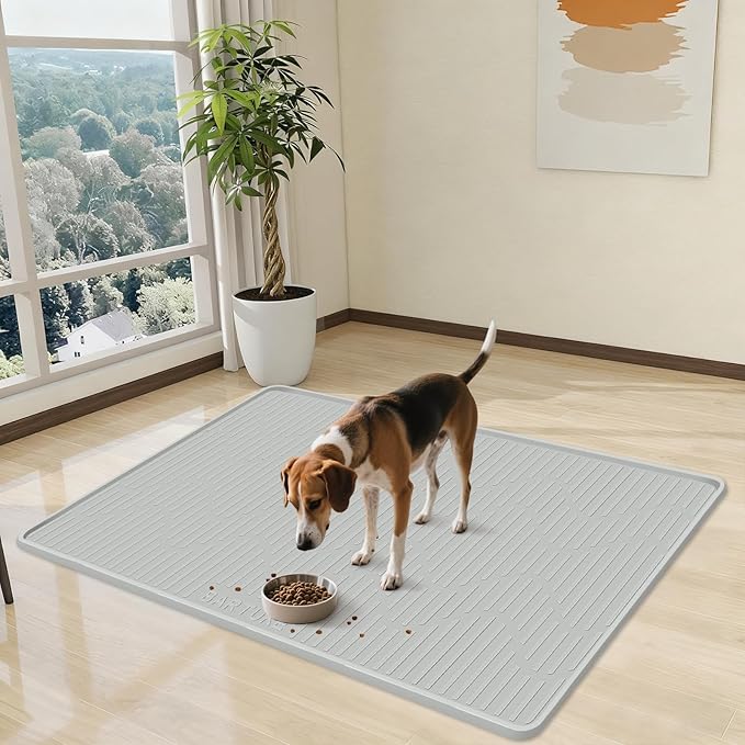 Silicone Cat & Dog Food Mat, 55" x 38" Extra Large Pet Feeding Mat for Cats and Dogs Bowl, Pet Placemat for Food and Water with Raised Edge, Waterproof, Leakproof (Grey)