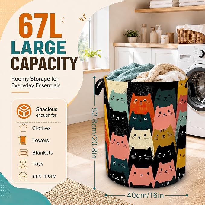 Cute Cat Laundry Basket,Large Collapsible Portable Round Laundry Hamper with Handles,Oxford Storage Bin for Clothes,Blankets,Bedroom,Bathroom