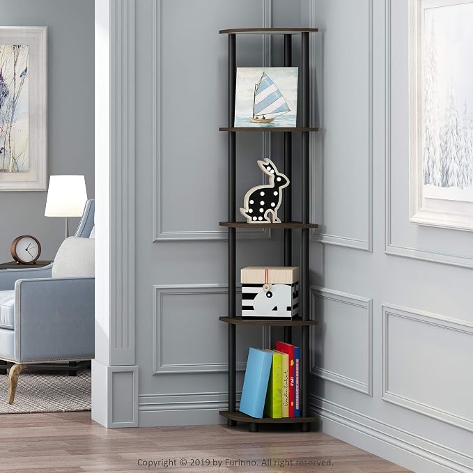 Furinno TURN-N-TUBE Corner Shelf, 5-Tier Corner Bookshelf, Open Storage Shelves, for Organization and Storage, Living Room, Home Office, Garage, Bedroom, Dark Brown Grain