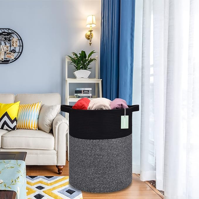 Cotton Rope Blanket Basket, 72L Tall Laundry Hamper, Black & Gray
