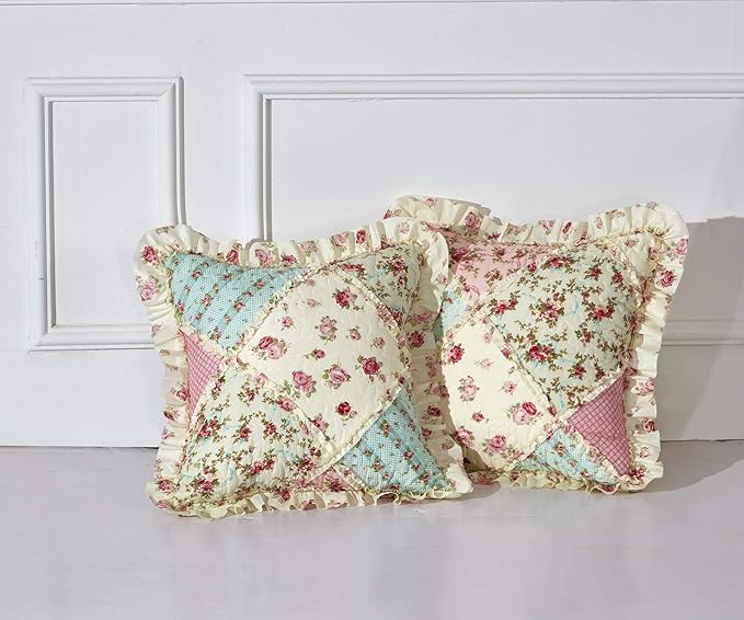 Brilliant Sunshine Pink & Green Roses Ruffle Pillowshams Set, 18"x18" | Patchwork Design with Ruffles, Quilted Pillow Covers, Washable Throw Cushion Cases for Couchs and Beds, Pack of 2