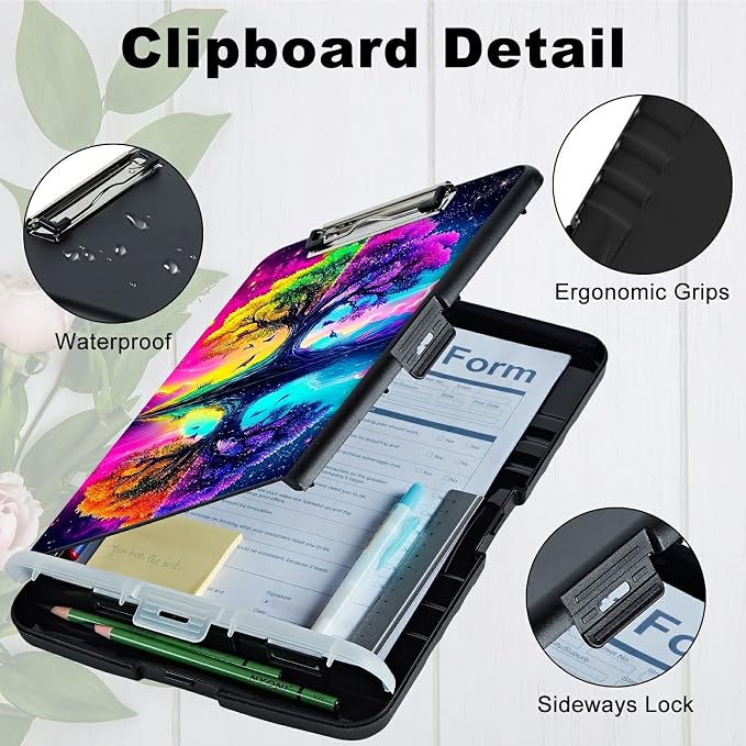 A4 Clipboard with Storage Pen Holder, Clipboards Organizer Nursing Clipboard Foldable File Folder Plastic Clipboard Folio Clip Board for Office Work Classroom Doctor, Purple Green Tree