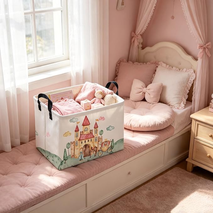 Rectangular Pink Princess Storage Basket,Cute Basket for with Handles for Room Decor,Gift Baskets,Girl pink room decor(Watercolor castle)