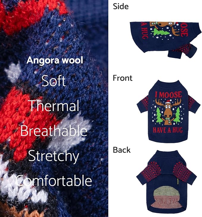 Fitwarm Funny Moose Dog Ugly Christmas Sweater, Winter Dog Clothes for Small Dogs Girl Boy, Pet Xmas Outfit, Navy, Large