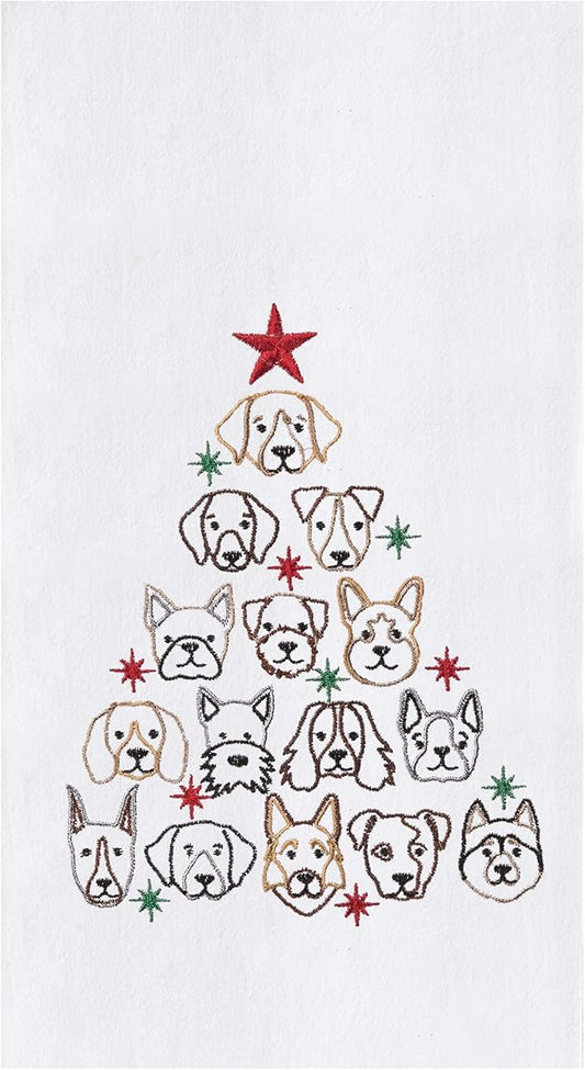 C&F Home Dog Faces Christmas Tree 100% Cotton Flour Sack Dishtowel Xmas Festive Winter Holidays Cute Home Kitchen Drying Dish Hand Towel Machine Washable Embroidered Decor Decoration 18" x 27" White