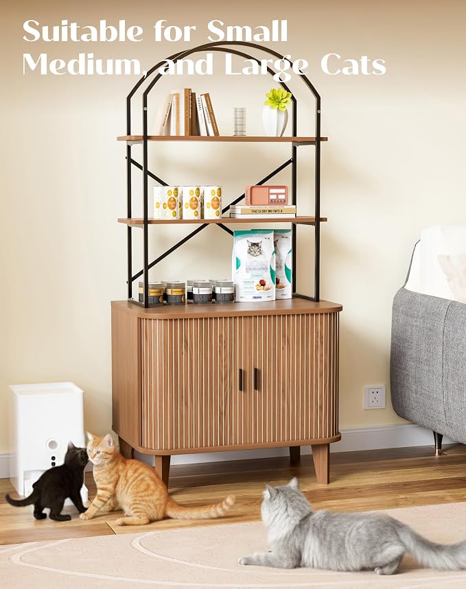 66" Cat Litter Box Enclosure,Hidden Litter Box Furniture with Shelves,Wooden Cat Washroom and Pet House with Sliding Tambour Door for Living Room,Walnut