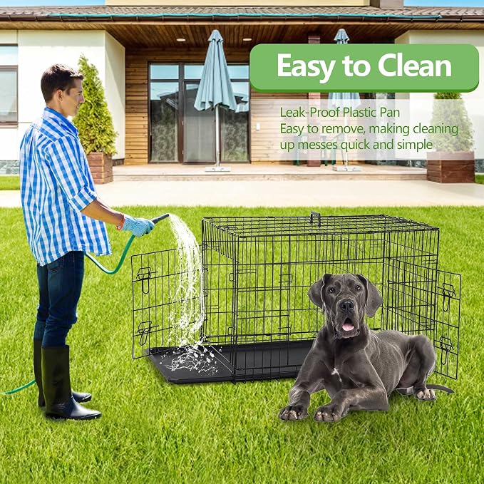Heavy Duty Large Dog Crate, 48 Inch Dog Crates for Large Dogs, Metal Wire Folding Dog Cage with Removable Trays, Locks, Double-Door, Divider Panel, Handle, XXL Dog Crate Pet Crate (48 in, Black)