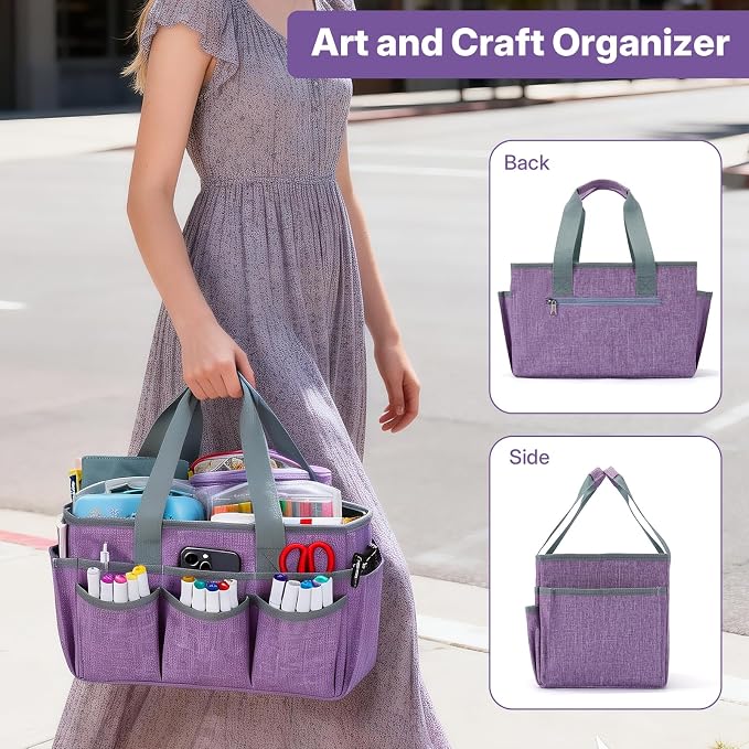Craft Organizer Tote Bag, Art Storage Caddy with Multiple Pockets | Art Supplies Storage, Sewing Bag, Scrapbooking for School, Home and Office (Purple)