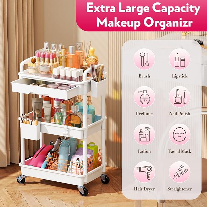 SUNALLY Makeup Cart Organizer with Drawer,3 Tier Rolling Makeup Cart, White | Rolling Vanity Storage for Skin Care Perfume Nail Polish, Floor Skincare Organizers Cosmetics Display Bathroom Storage Cart