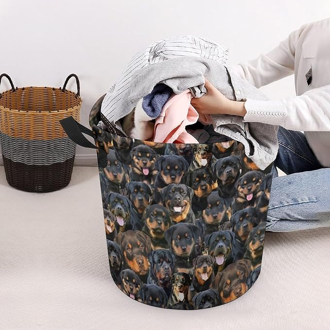 Rottweiler Print Laundry Basket, Funny Rottweiler Dog Face Laundry Hamper, Foldable Waterproof Oxford Cloth Tote Bag Dirty Clothes Storage Bucket Organizer for Bathroom Bedroom