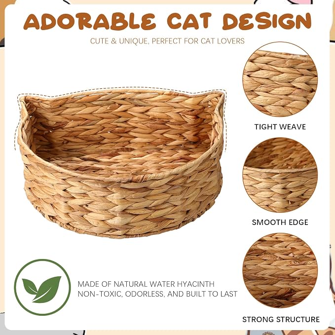 16×12×5 Inch Handwoven Cat Head Toy Storage Basket Natural Woven Bin Organizer for Gift Pet Toy Towels Blanket Clothes