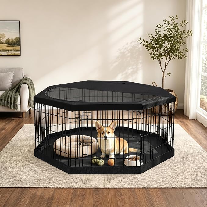 PETIME Foldable Metal Dog Exercise Pen/Pet Puppy Playpen Kennels Yard Fence Indoor/Outdoor 8 Panel 24" W with Top Cover and Bottom Pad