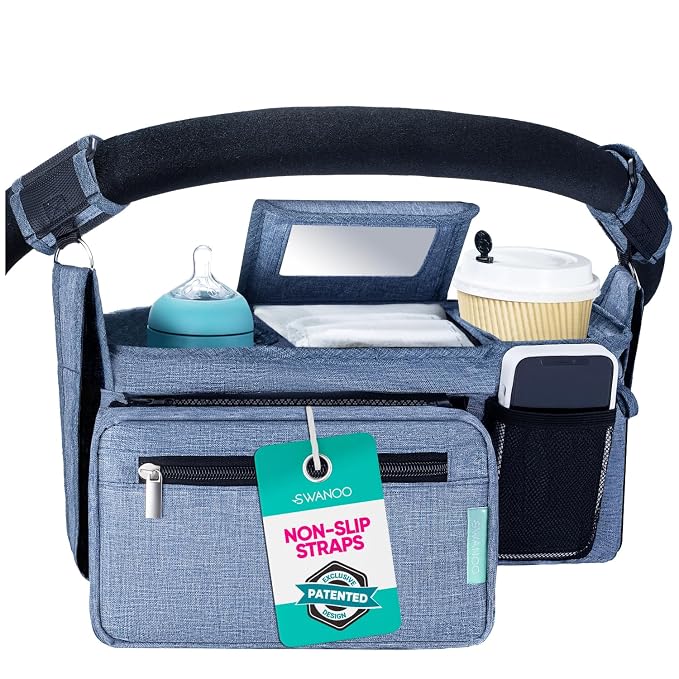Swanoo Stroller Caddy Organizer, Cup Holder, Wipes Pocket, Non-Slip, Blue