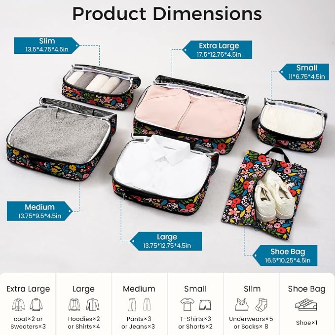 BAGAIL 4 Set/6 Set/8 Set Compression Packing Cubes Travel Accessories Expandable Packing Organizers (Half Mesh, 6-Black Floral)