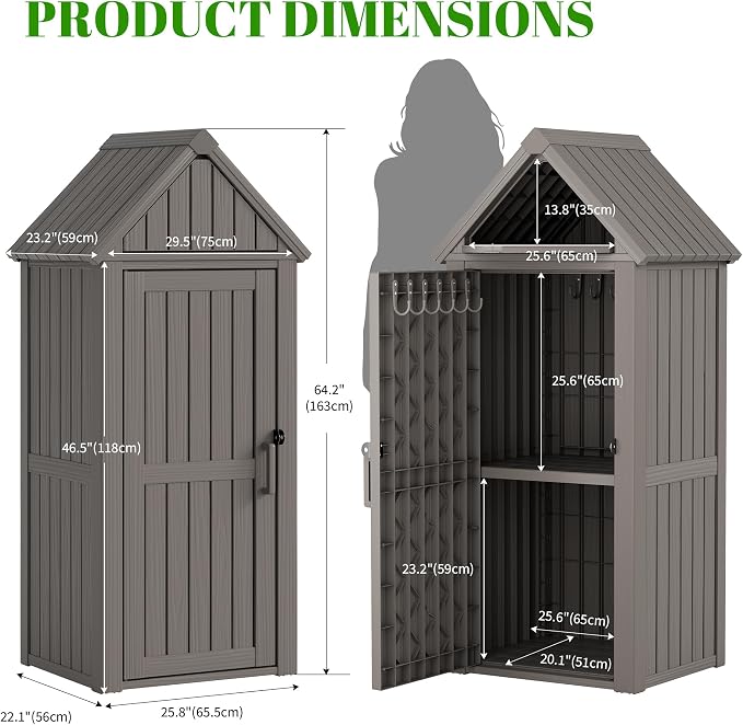 Outdoor Storage Cabinet, Lockable Vertical Resin Storage Shed, Gray
