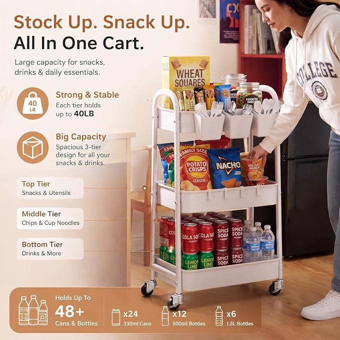 3 Tier Rolling Cart Metal with Wheels, Heavy Duty White Three Tiered Craft Cart Organizer on Wheels, Utility Roller Storage Carts for Art, Baby Nursery, Diaper Caddy, Snack,Book,Nail,Cleaning Supplies