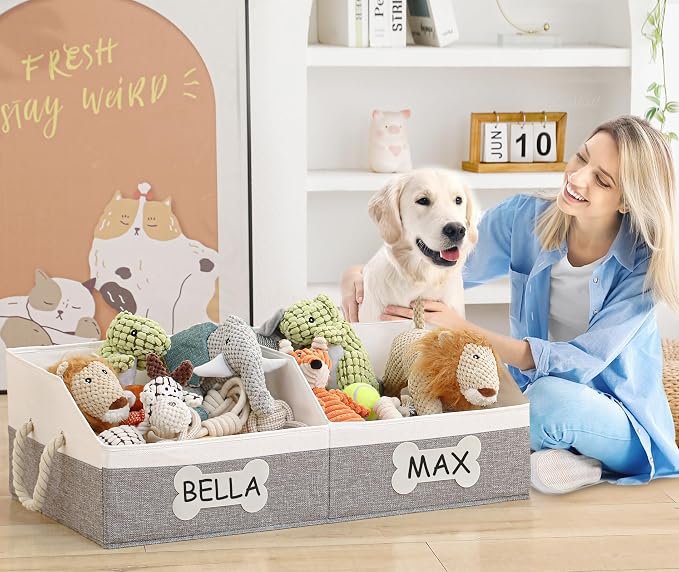 Large Dog Toy Basket, Foldable Dog Toy Bin with Removable Divider & 2 Tags | 61L Dog Toy Capacity, 2-Zone Sorting, Low-Front Pet Access, DIY Tags & Marker, Reinforced Structure, Trapezoid Dog Toy Box