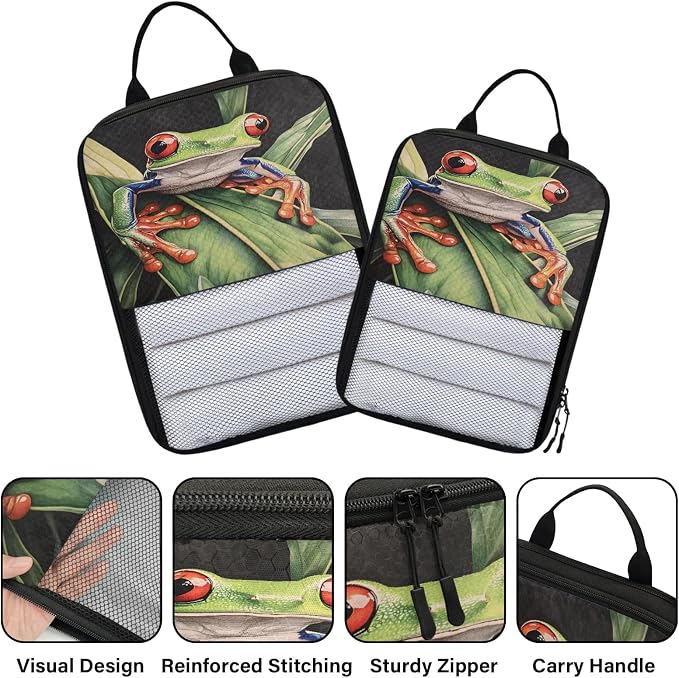 Forest Tree Frog 6 Set Compression Packing Cubes Animals Palm Leaves Expandable Packing Organizer for Travel Accessories Luggage Suitcase Bag